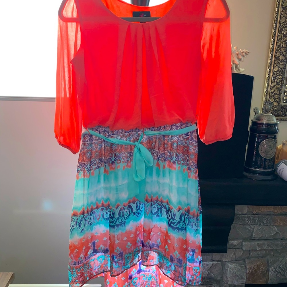 Girls size 16 high low coral and multi print dress
